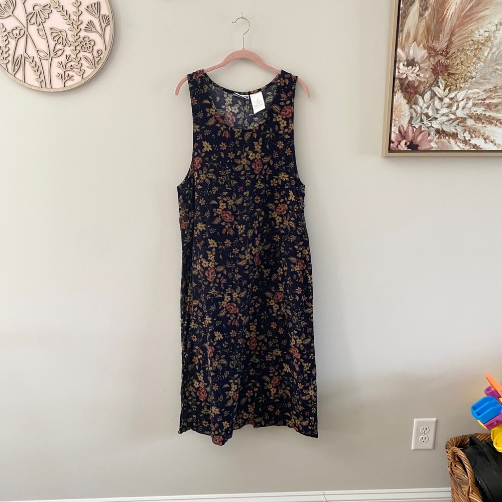 VTG Erika & Co Sz S Navy Floral Corduroy Jumper Dress Sleeveless Midi Pockets